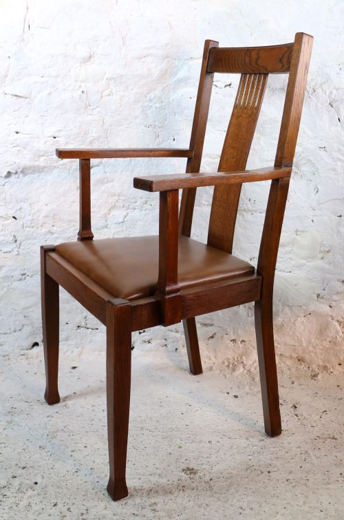 SET 10 ARTS CRAFTS OAK DINING CHAIRS WITH LEATHER SEATS C1900 - ADDITIONAL PHOTO 11