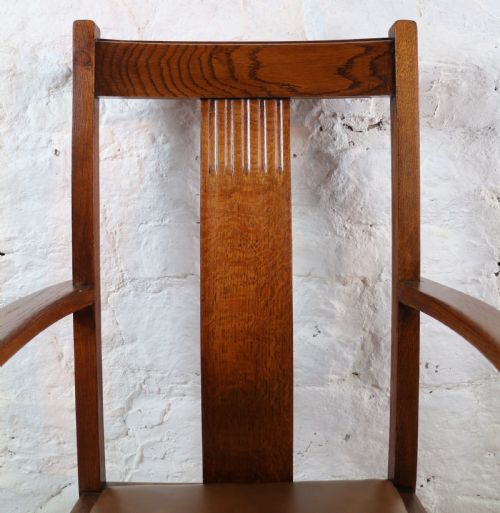 SET 10 ARTS CRAFTS OAK DINING CHAIRS WITH LEATHER SEATS C1900 - ADDITIONAL PHOTO 15