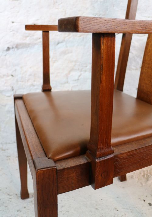 SET 10 ARTS CRAFTS OAK DINING CHAIRS WITH LEATHER SEATS C1900 - ADDITIONAL PHOTO 16