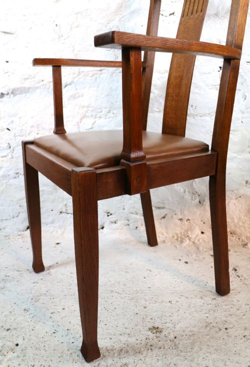 SET 10 ARTS CRAFTS OAK DINING CHAIRS WITH LEATHER SEATS C1900 - ADDITIONAL PHOTO 19