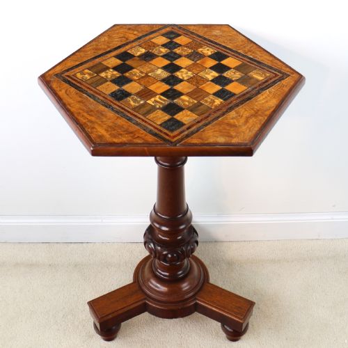 ANTIQUE POLLARD OAK INLAID SPECIMEN CHESS TOP OCCASIONAL GAMES TABLE - ADDITIONAL PHOTO 4