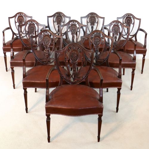 set of 10 victorian hepplewhite design shield back carver dining chairs attributed to gillows - CATEGORY: ANTIQUE CHAIRS - DATED VICTORIAN