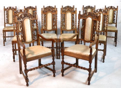 set of 12 jacobean carved oak dining chairs - CATEGORY: ANTIQUE CHAIRS - DATED 1920