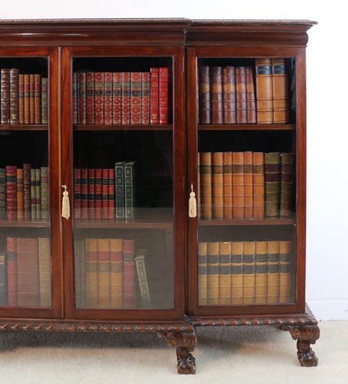 VICTORIAN BREAKFRONT CARVED MAHOGANY GLAZED BOOKCASE - ADDITIONAL PHOTO 4