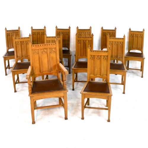 set of twelve gothic revival arts crafts oak dining chairs attributed to shapland petter 12 - CATEGORY: ANTIQUE CHAIRS - DATED VICTORIAN