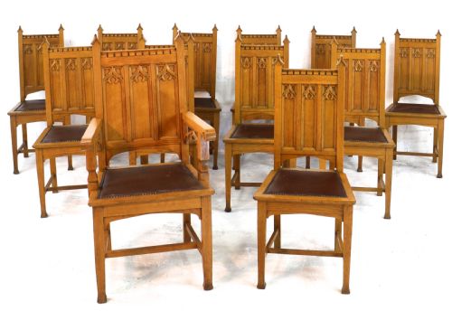 SET OF TWELVE GOTHIC REVIVAL ARTS CRAFTS OAK DINING CHAIRS ATTRIBUTED TO SHAPLAND PETTER 12 - ADDITIONAL PHOTO 1