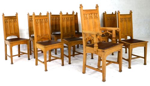 SET OF TWELVE GOTHIC REVIVAL ARTS CRAFTS OAK DINING CHAIRS ATTRIBUTED TO SHAPLAND PETTER 12 - ADDITIONAL PHOTO 2