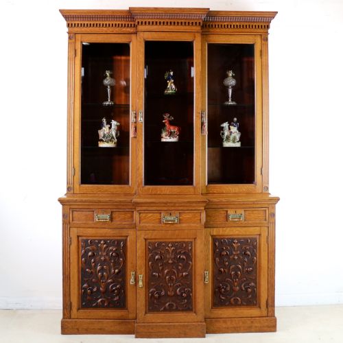 VICTORIAN ART NOUVEAU OAK BREAKFRONT BOOKCASE ATTRIBUTED TO MAPLE CO - ADDITIONAL PHOTO 25
