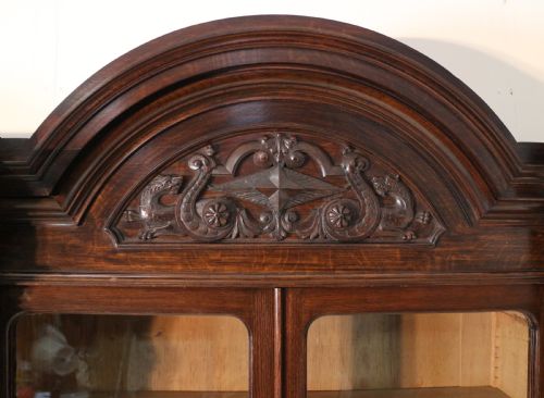 LARGE VICTORIAN CARVED OAK ELIZABETHAN REVIVAL BREAKFRONT BOOKCASE BY WYLIE LOCHHEAD - ADDITIONAL PHOTO 6