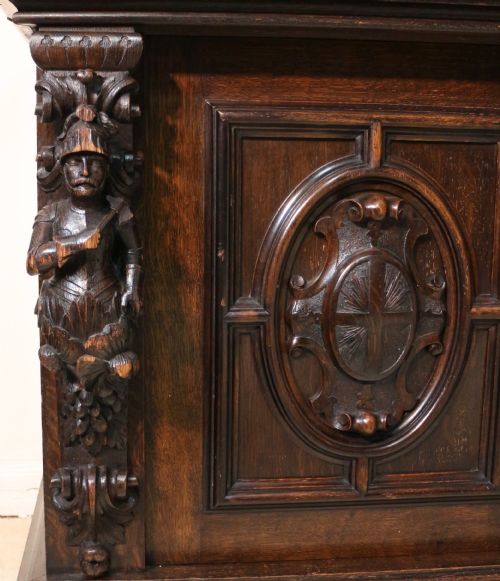 LARGE VICTORIAN CARVED OAK ELIZABETHAN REVIVAL BREAKFRONT BOOKCASE BY WYLIE LOCHHEAD - ADDITIONAL PHOTO 20