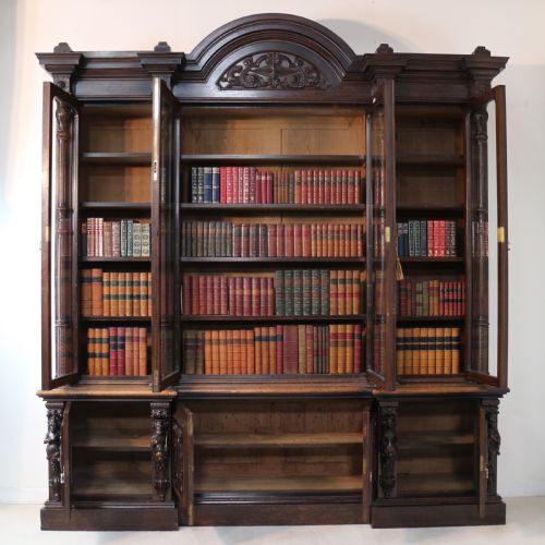 LARGE VICTORIAN CARVED OAK ELIZABETHAN REVIVAL BREAKFRONT BOOKCASE BY WYLIE LOCHHEAD - ADDITIONAL PHOTO 28