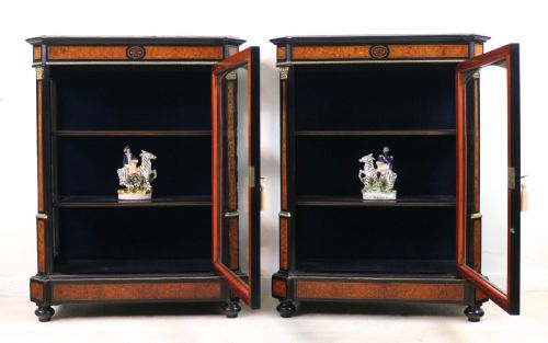PAIR OF VICTORIAN GILT METAL MOUNTED EBONISED AND AMBOYNA INLAID PIER DISPLAY CABINETS - ADDITIONAL PHOTO 21
