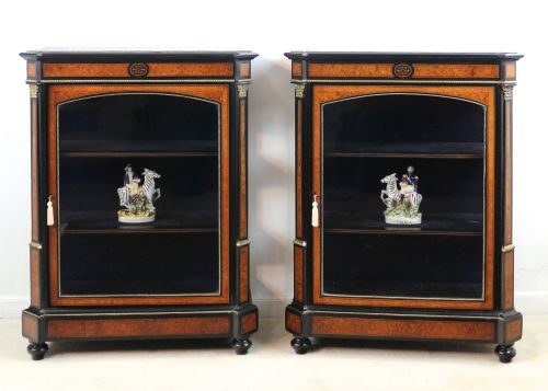 PAIR OF VICTORIAN GILT METAL MOUNTED EBONISED AND AMBOYNA INLAID PIER DISPLAY CABINETS - ADDITIONAL PHOTO 1