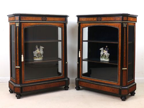 PAIR OF VICTORIAN GILT METAL MOUNTED EBONISED AND AMBOYNA INLAID PIER DISPLAY CABINETS - ADDITIONAL PHOTO 2