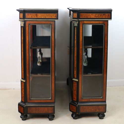 PAIR OF VICTORIAN GILT METAL MOUNTED EBONISED AND AMBOYNA INLAID PIER DISPLAY CABINETS - ADDITIONAL PHOTO 5