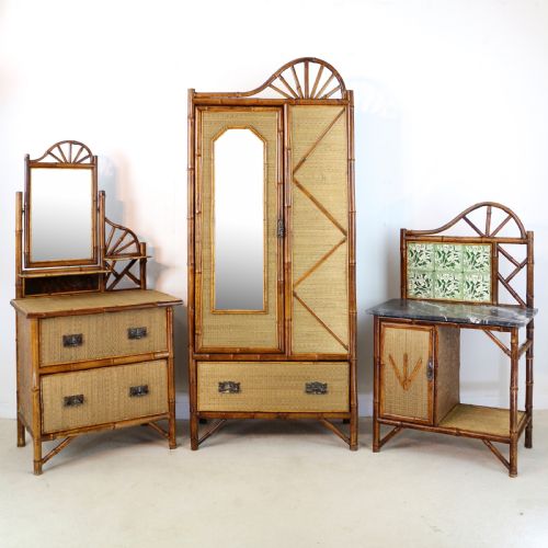 victorian 'japanese style' bamboo rattan bedroom suite with wardrobe dressing table washstand - CATEGORY: ANTIQUE FURNITURE - DATED VICTORIAN