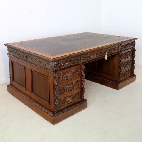 english victorian carved oak partners desk attributed to edwards roberts - CATEGORY: ANTIQUE DESKS - DATED VICTORIAN