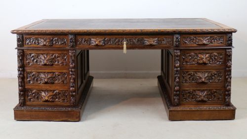 ENGLISH VICTORIAN CARVED OAK PARTNERS DESK ATTRIBUTED TO EDWARDS ROBERTS - ADDITIONAL PHOTO 2