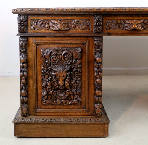 ENGLISH VICTORIAN CARVED OAK PARTNERS DESK ATTRIBUTED TO EDWARDS ROBERTS - ADDITIONAL PHOTO 8