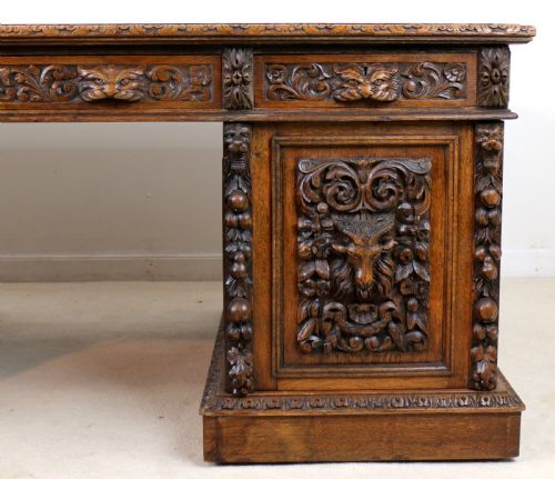 ENGLISH VICTORIAN CARVED OAK PARTNERS DESK ATTRIBUTED TO EDWARDS ROBERTS - ADDITIONAL PHOTO 9