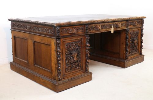 ENGLISH VICTORIAN CARVED OAK PARTNERS DESK ATTRIBUTED TO EDWARDS ROBERTS - ADDITIONAL PHOTO 10