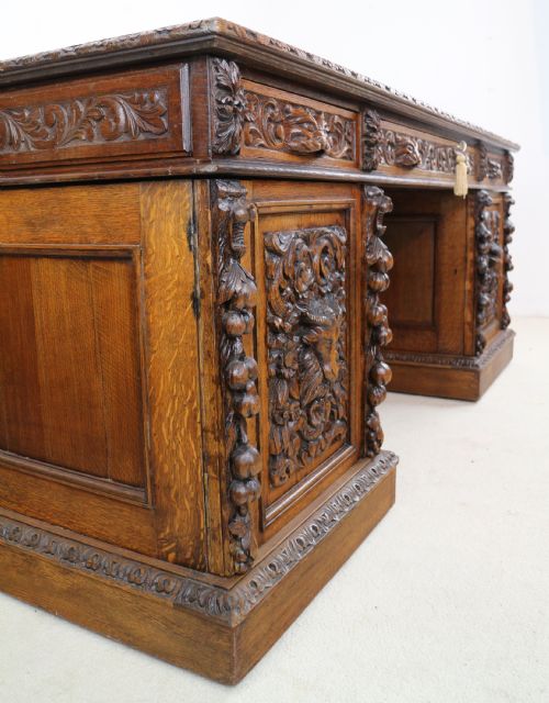 ENGLISH VICTORIAN CARVED OAK PARTNERS DESK ATTRIBUTED TO EDWARDS ROBERTS - ADDITIONAL PHOTO 11
