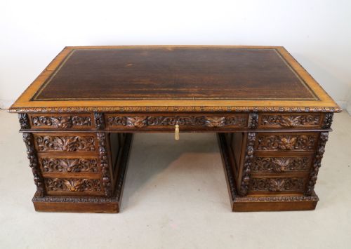 ENGLISH VICTORIAN CARVED OAK PARTNERS DESK ATTRIBUTED TO EDWARDS ROBERTS - ADDITIONAL PHOTO 14
