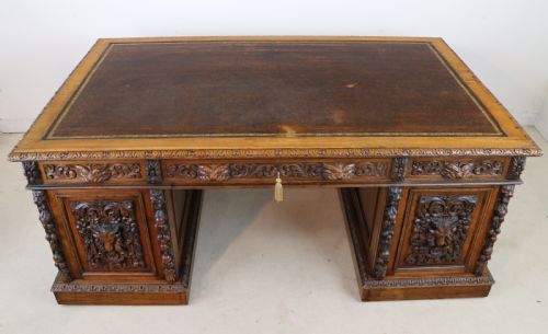 ENGLISH VICTORIAN CARVED OAK PARTNERS DESK ATTRIBUTED TO EDWARDS ROBERTS - ADDITIONAL PHOTO 15