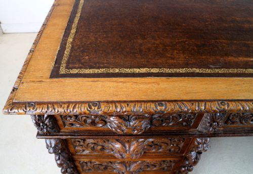 ENGLISH VICTORIAN CARVED OAK PARTNERS DESK ATTRIBUTED TO EDWARDS ROBERTS - ADDITIONAL PHOTO 18