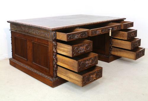 ENGLISH VICTORIAN CARVED OAK PARTNERS DESK ATTRIBUTED TO EDWARDS ROBERTS - ADDITIONAL PHOTO 21