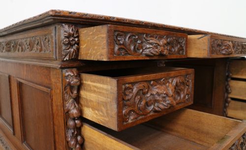 ENGLISH VICTORIAN CARVED OAK PARTNERS DESK ATTRIBUTED TO EDWARDS ROBERTS - ADDITIONAL PHOTO 22