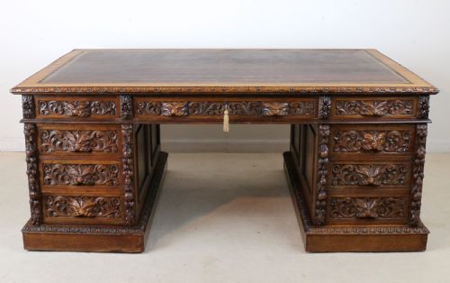 ENGLISH VICTORIAN CARVED OAK PARTNERS DESK ATTRIBUTED TO EDWARDS ROBERTS - ADDITIONAL PHOTO 23