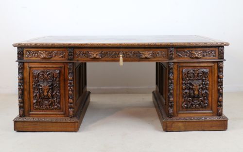 ENGLISH VICTORIAN CARVED OAK PARTNERS DESK ATTRIBUTED TO EDWARDS ROBERTS - ADDITIONAL PHOTO 24