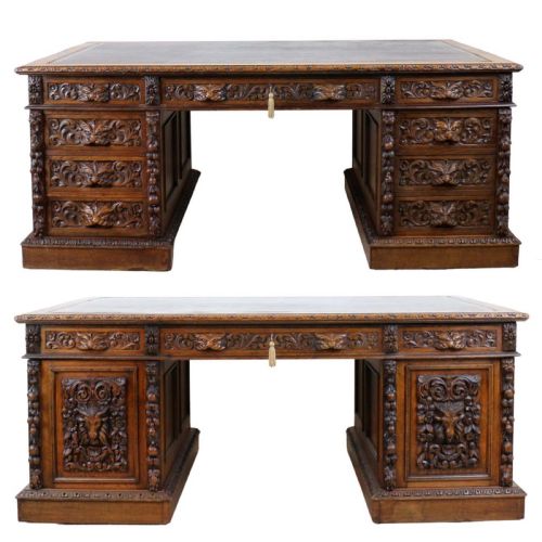 ENGLISH VICTORIAN CARVED OAK PARTNERS DESK ATTRIBUTED TO EDWARDS ROBERTS - ADDITIONAL PHOTO 25