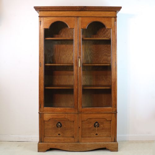 arts crafts oak glazed bookcase with pewter ebonised inlays - CATEGORY: ANTIQUE BOOKCASES - DATED 1900