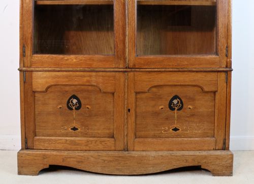 ARTS CRAFTS OAK GLAZED BOOKCASE WITH PEWTER EBONISED INLAYS - ADDITIONAL PHOTO 2