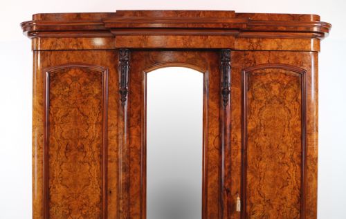 VICTORIAN BURR WALNUT THREE DOOR FITTED BREAKFRONT WARDROBE - ADDITIONAL PHOTO 5