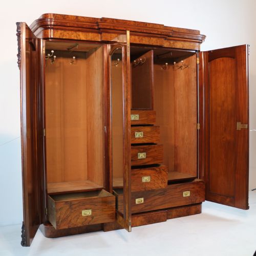 VICTORIAN BURR WALNUT THREE DOOR FITTED BREAKFRONT WARDROBE - ADDITIONAL PHOTO 12