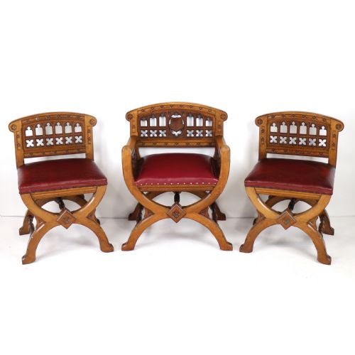 set of three 19th century pugin style gothic revival altar or hall chairs - CATEGORY: ANTIQUE CHAIRS - DATED VICTORIAN
