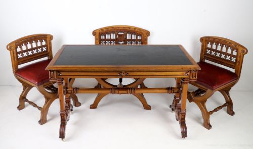 SET OF THREE 19TH CENTURY PUGIN STYLE GOTHIC REVIVAL ALTAR OR HALL CHAIRS - ADDITIONAL PHOTO 29