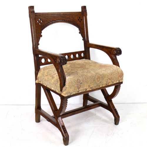 GOTHIC REVIVAL AESTHETIC PERIOD OAK ARMCHAIR ATTRIBUTED TO CHARLES BEVAN - ADDITIONAL PHOTO 2