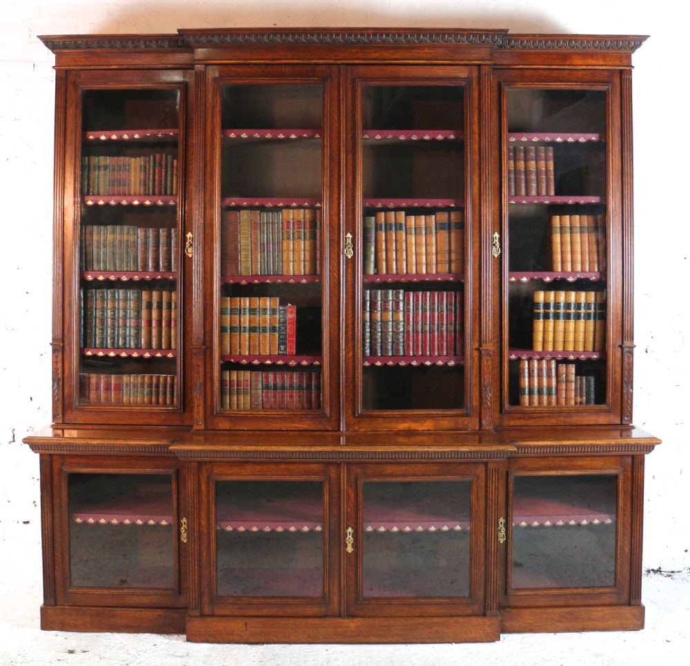Large Victorian Oak Breakfront Bookcase, attributed to Maple & Co