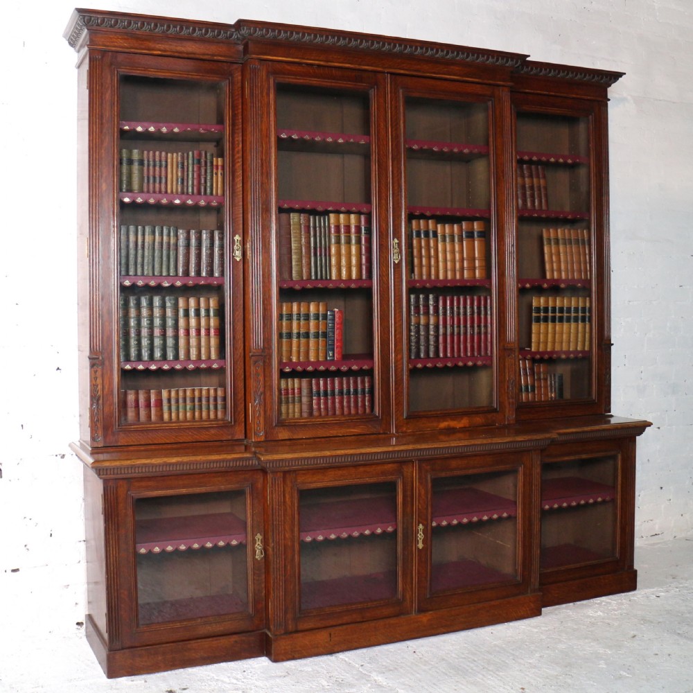Large Victorian Oak Breakfront Bookcase, attributed to Maple & Co View II