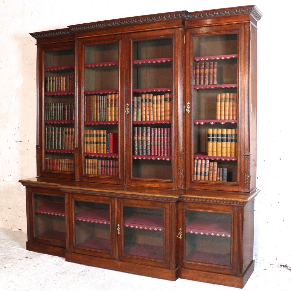 Large Victorian Oak Breakfront Bookcase, attributed to Maple & Co View III