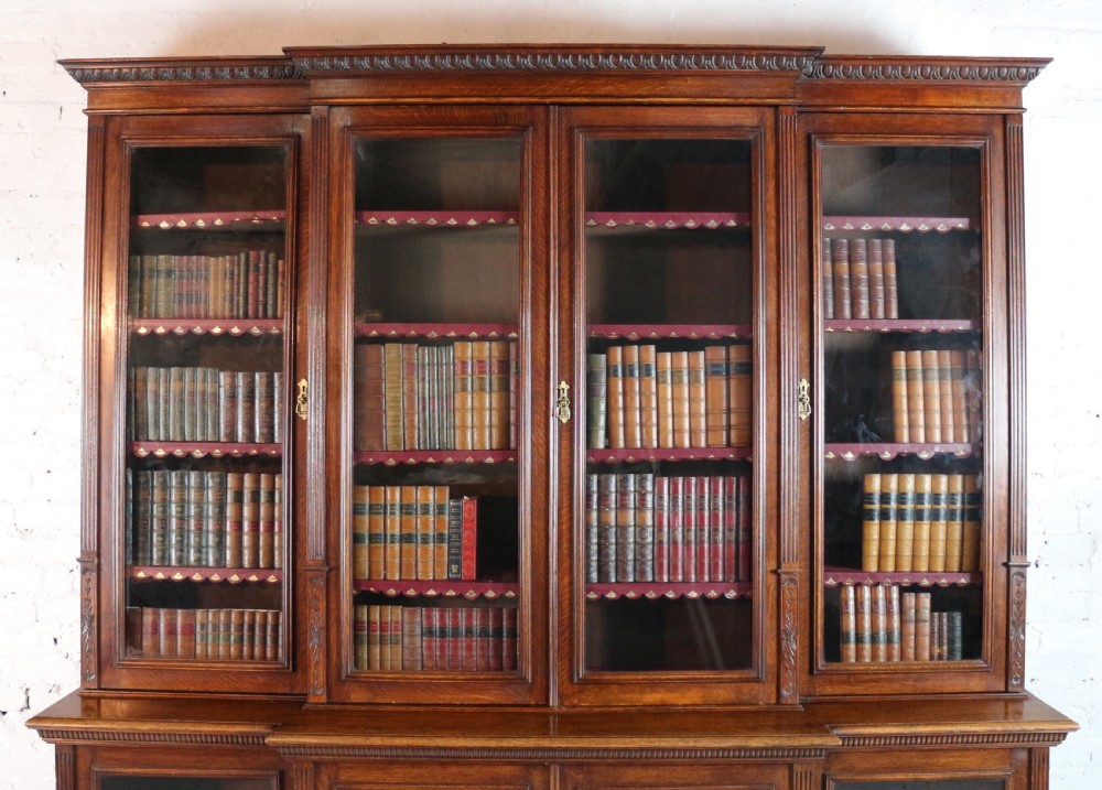 Large Victorian Oak Breakfront Bookcase, attributed to Maple & Co View IV