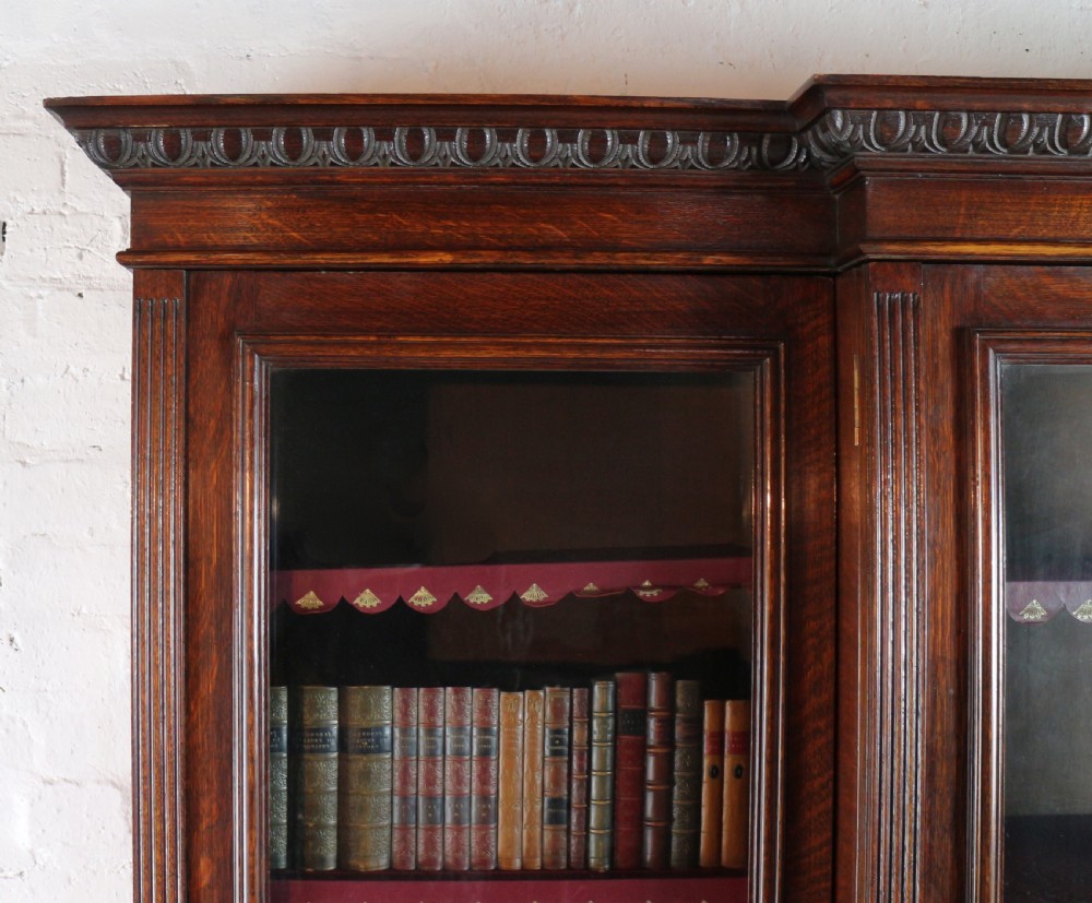 Large Victorian Oak Breakfront Bookcase, attributed to Maple & Co View XII