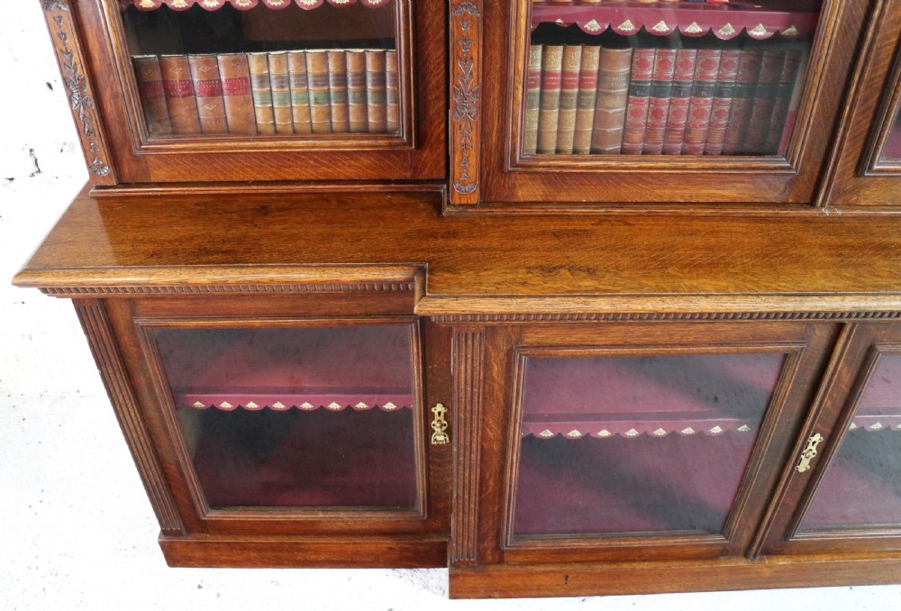 Large Victorian Oak Breakfront Bookcase, attributed to Maple & Co View XVIII