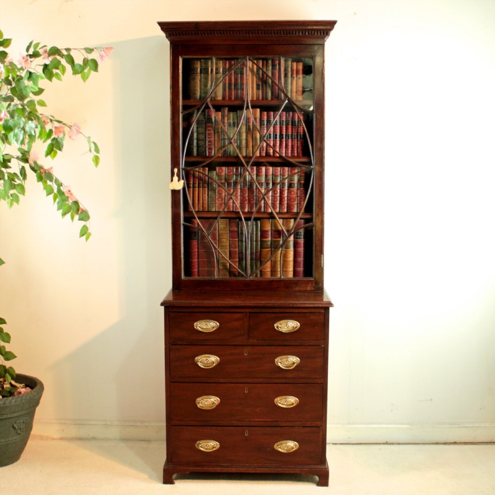 19th Century Narrow Mahogany Astragal Glazed Bookcase on Chest
