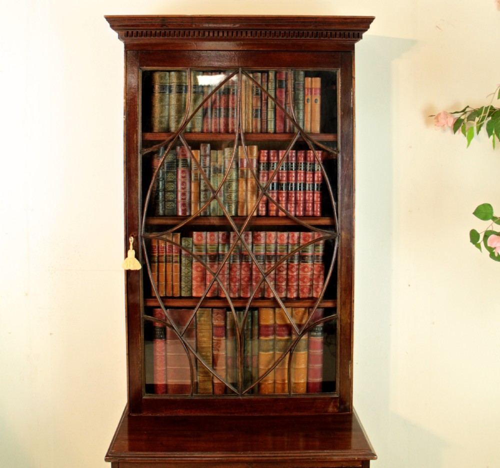 19th Century Narrow Mahogany Astragal Glazed Bookcase on Chest View II