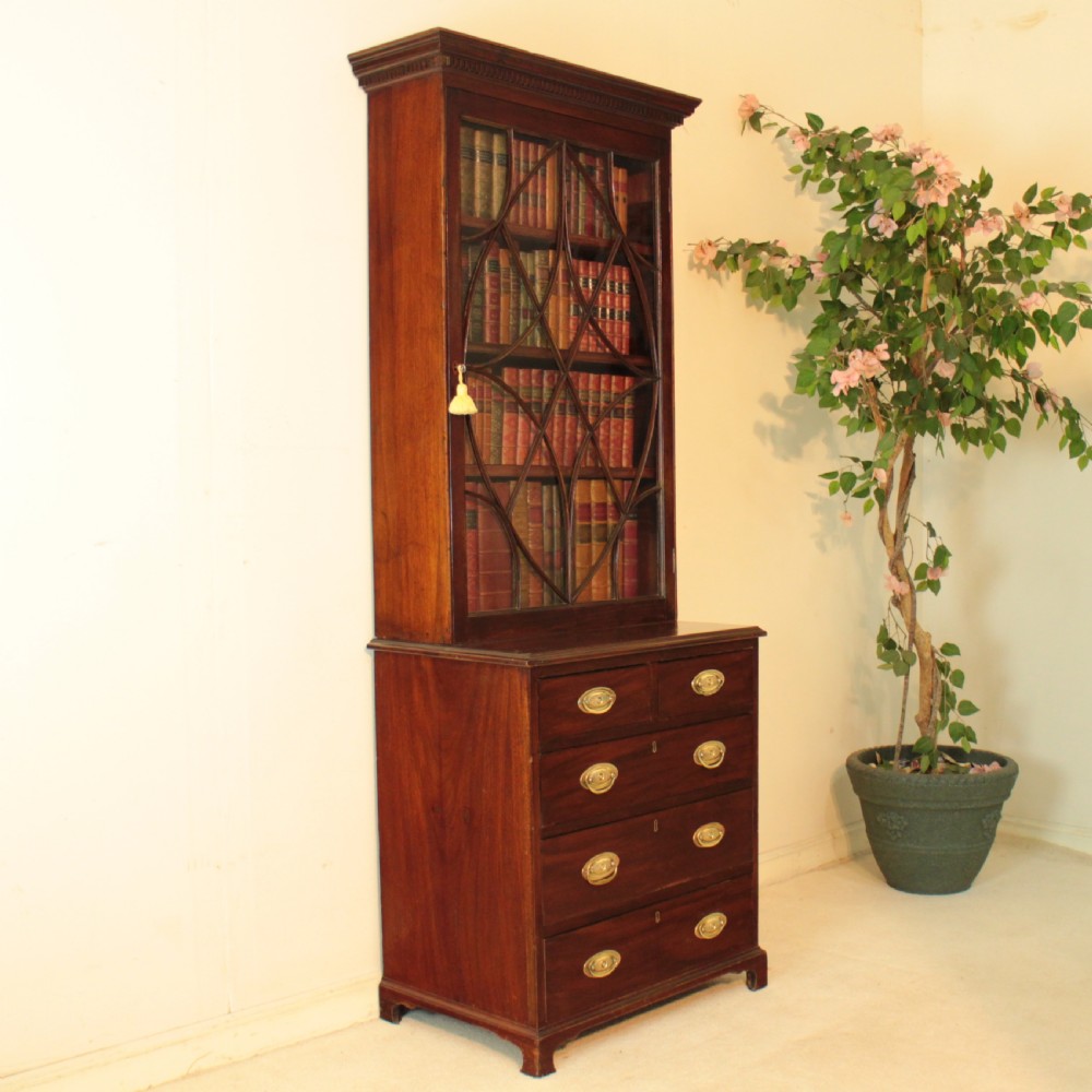 19th Century Narrow Mahogany Astragal Glazed Bookcase on Chest View IV